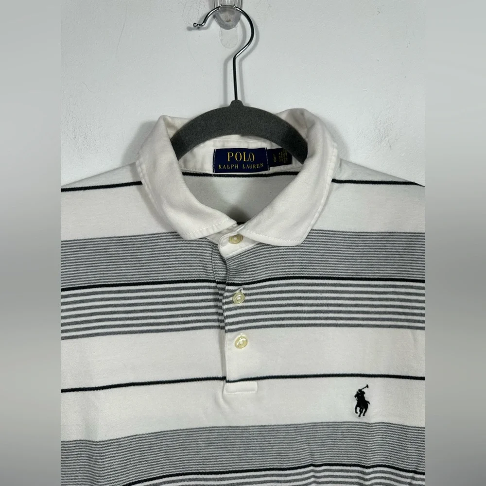 Polo Ralph Lauren Polo Shirt Men’s Large White Gray Striped Short Sleeve Classic